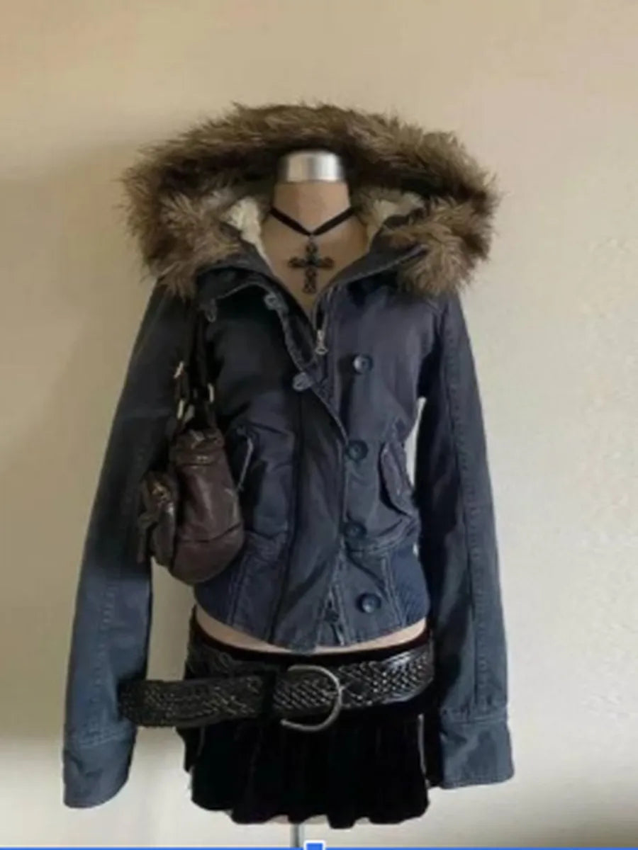 Blue-Grey Cropped Parka with Faux Fur Hood