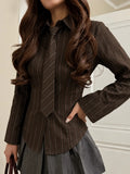 Brown cotton shirt with a tie-neck detail