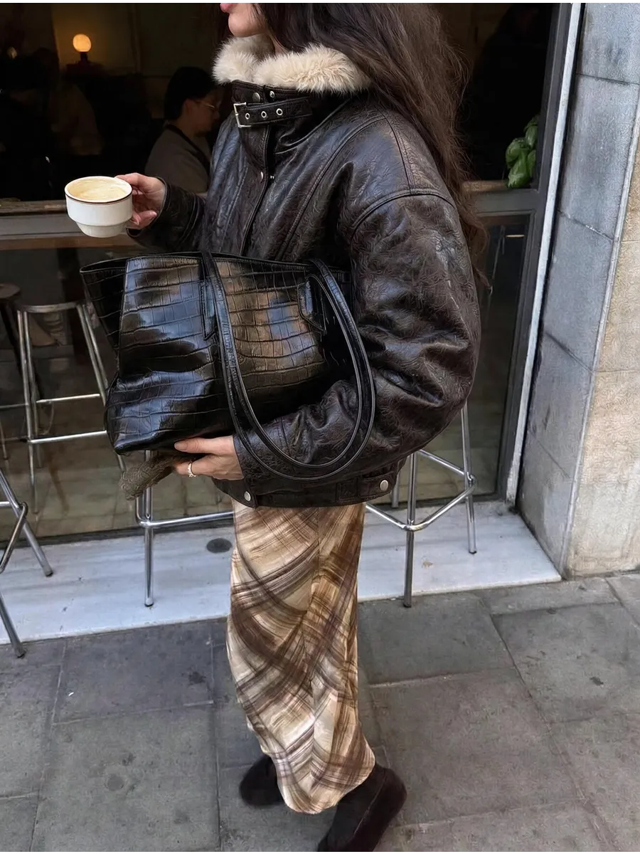 Brown Cropped Faux Leather Bomber with Faux Fur Collar – view 2