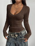 Brown Fitted Cable-Knit U-Neck Jumper