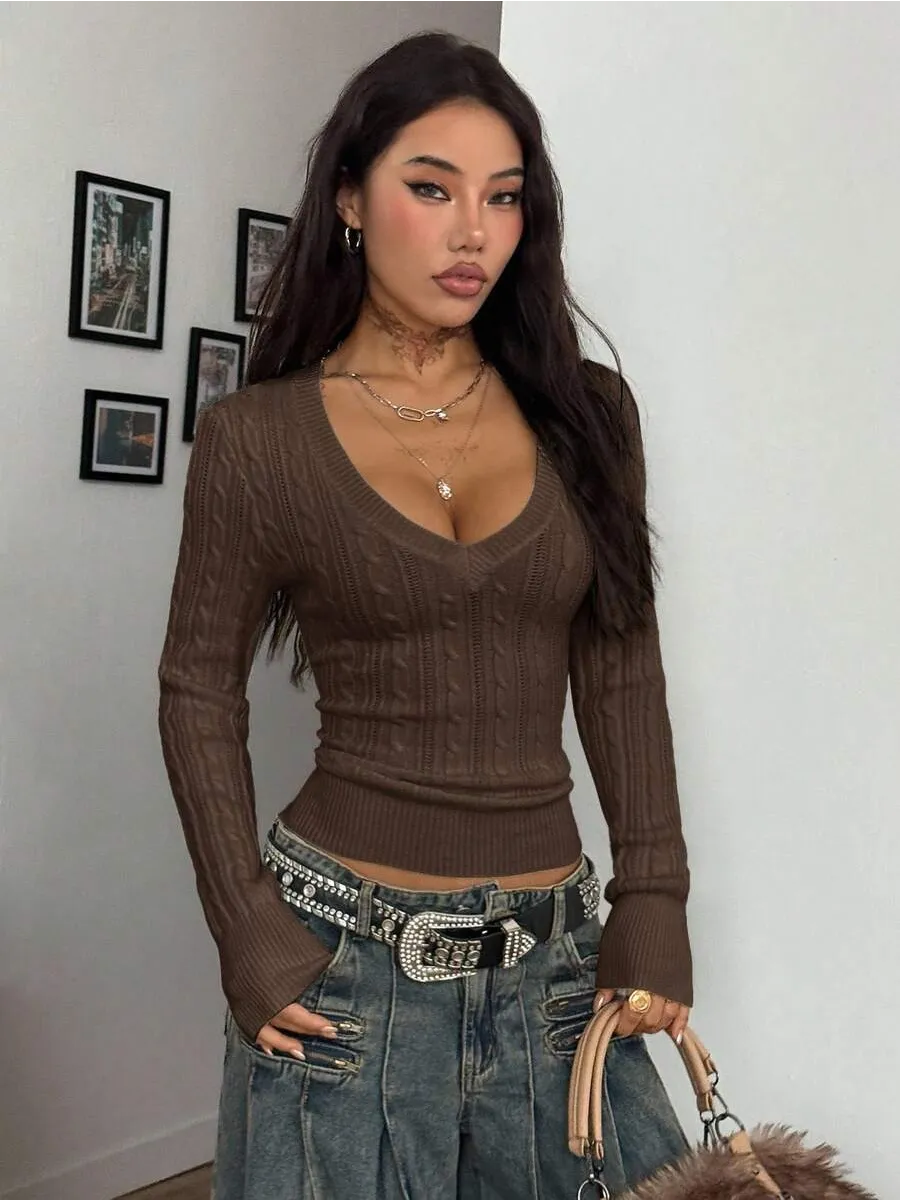 Brown Fitted Cable-Knit U-Neck Jumper – view 2