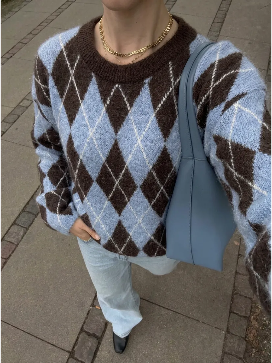 Brown Oversized Argyle Jumper