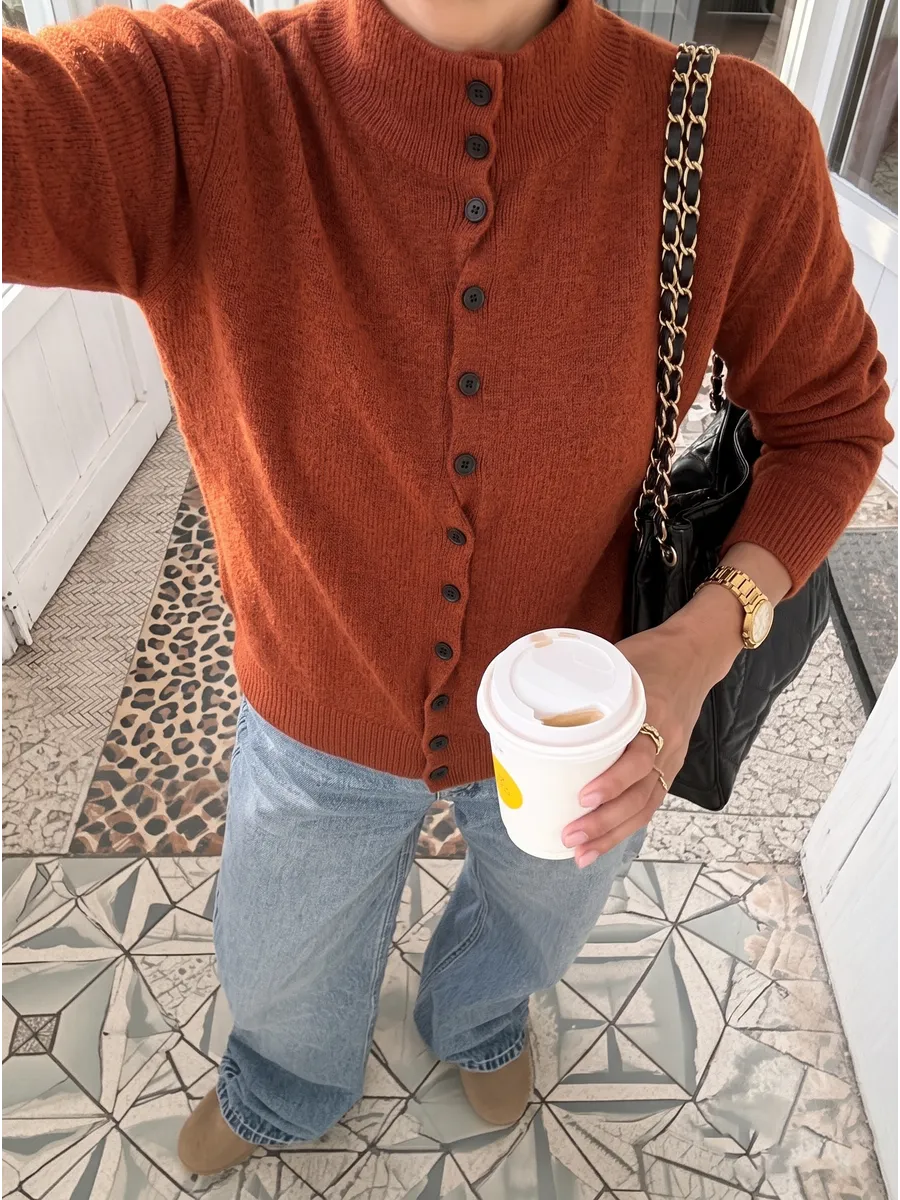 Terracotta Classic High-Neck Button Cardigan