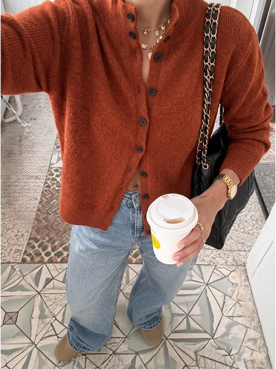 Terracotta Classic High-Neck Button Cardigan – view 2