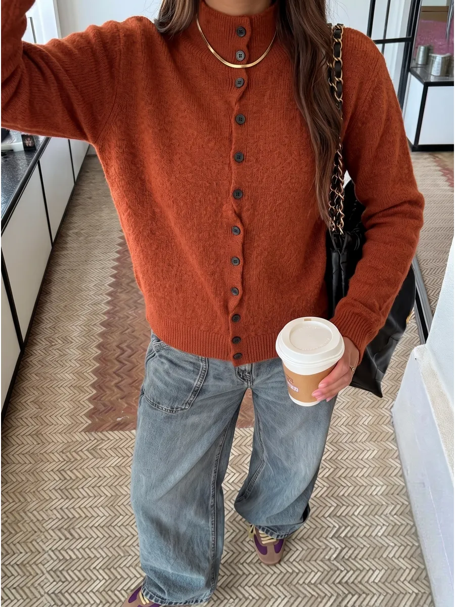 Terracotta Classic High-Neck Button Cardigan – view 3