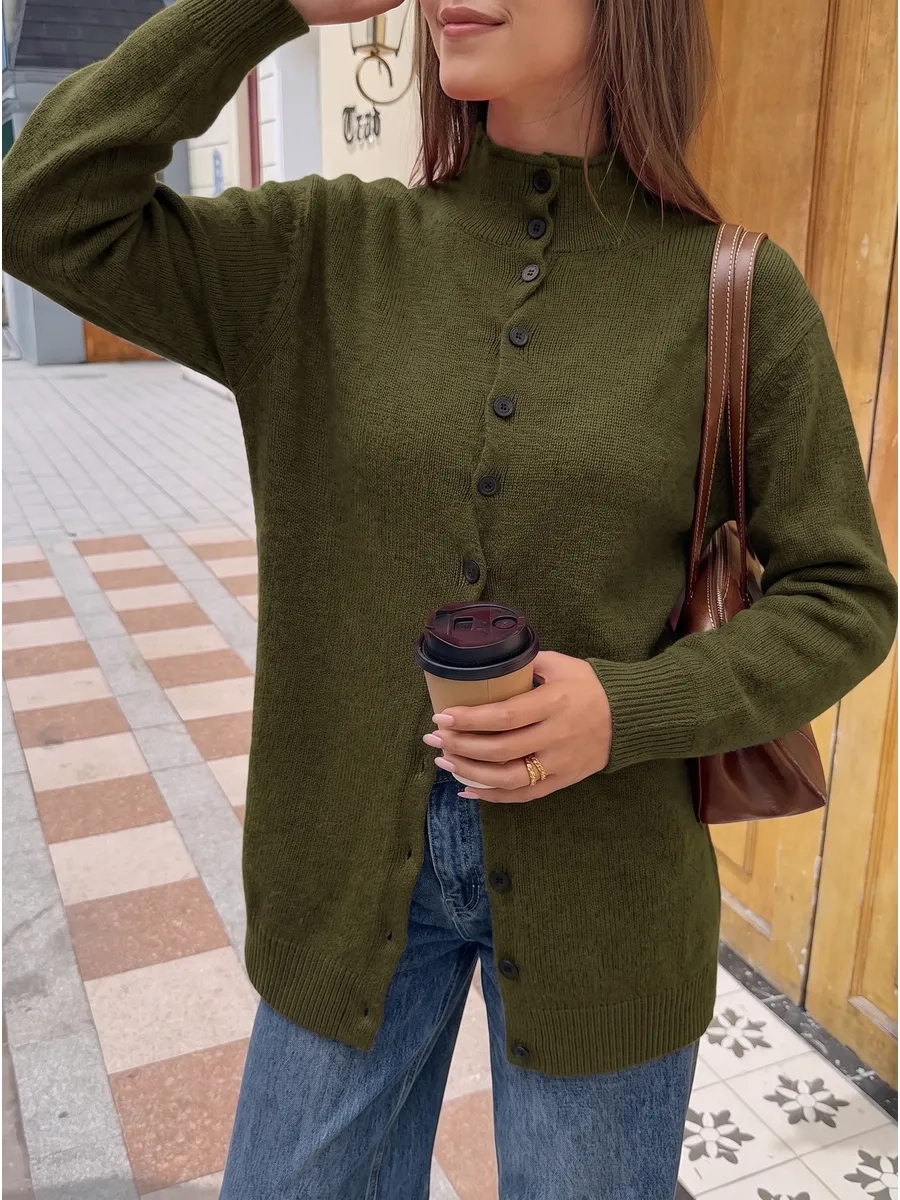 Dark Olive Classic High-Neck Button Cardigan