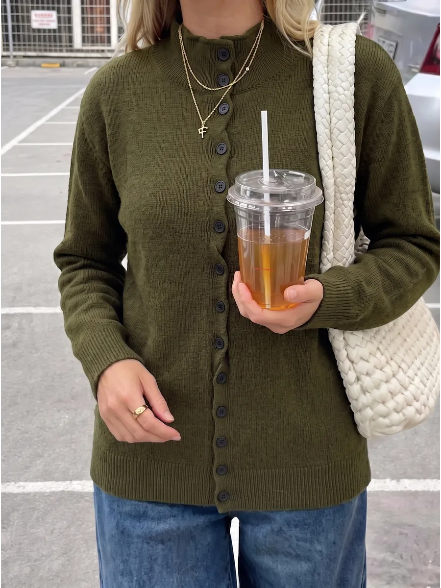 Dark Olive Classic High-Neck Button Cardigan – view 2