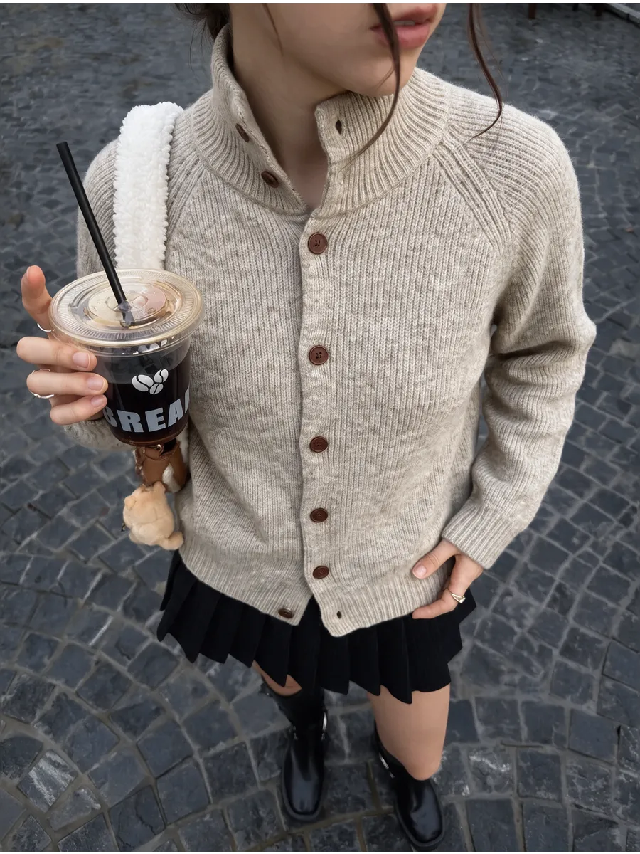 Beige High-Neck Button Cardigan