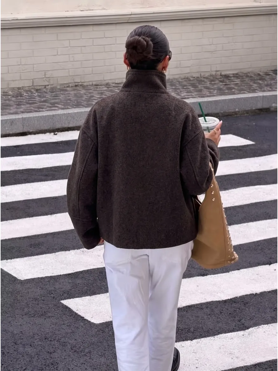 Brown Cropped Blazer Coat with Patch Pockets – view 3