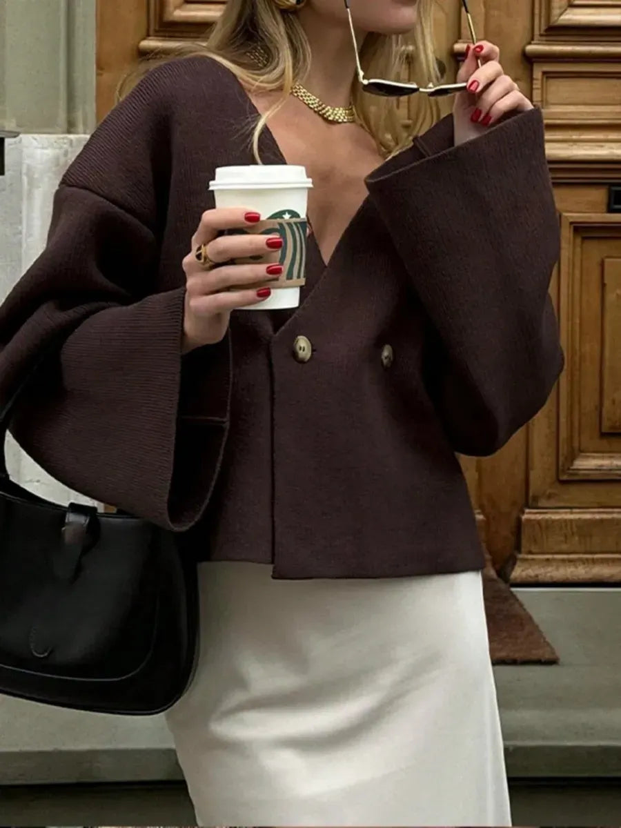 Dark Brown Cropped Double-Breasted Knit Cardigan
