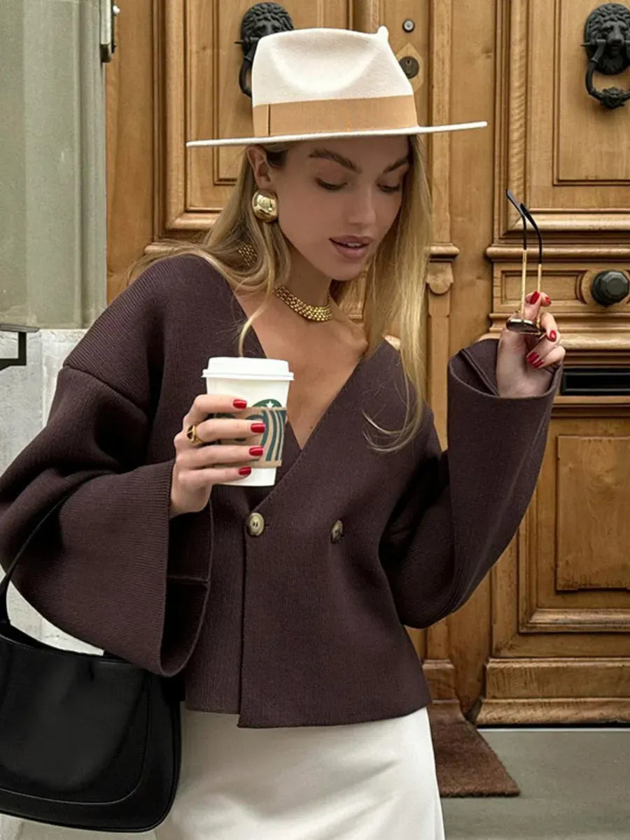 Dark Brown Cropped Double-Breasted Knit Cardigan – view 3