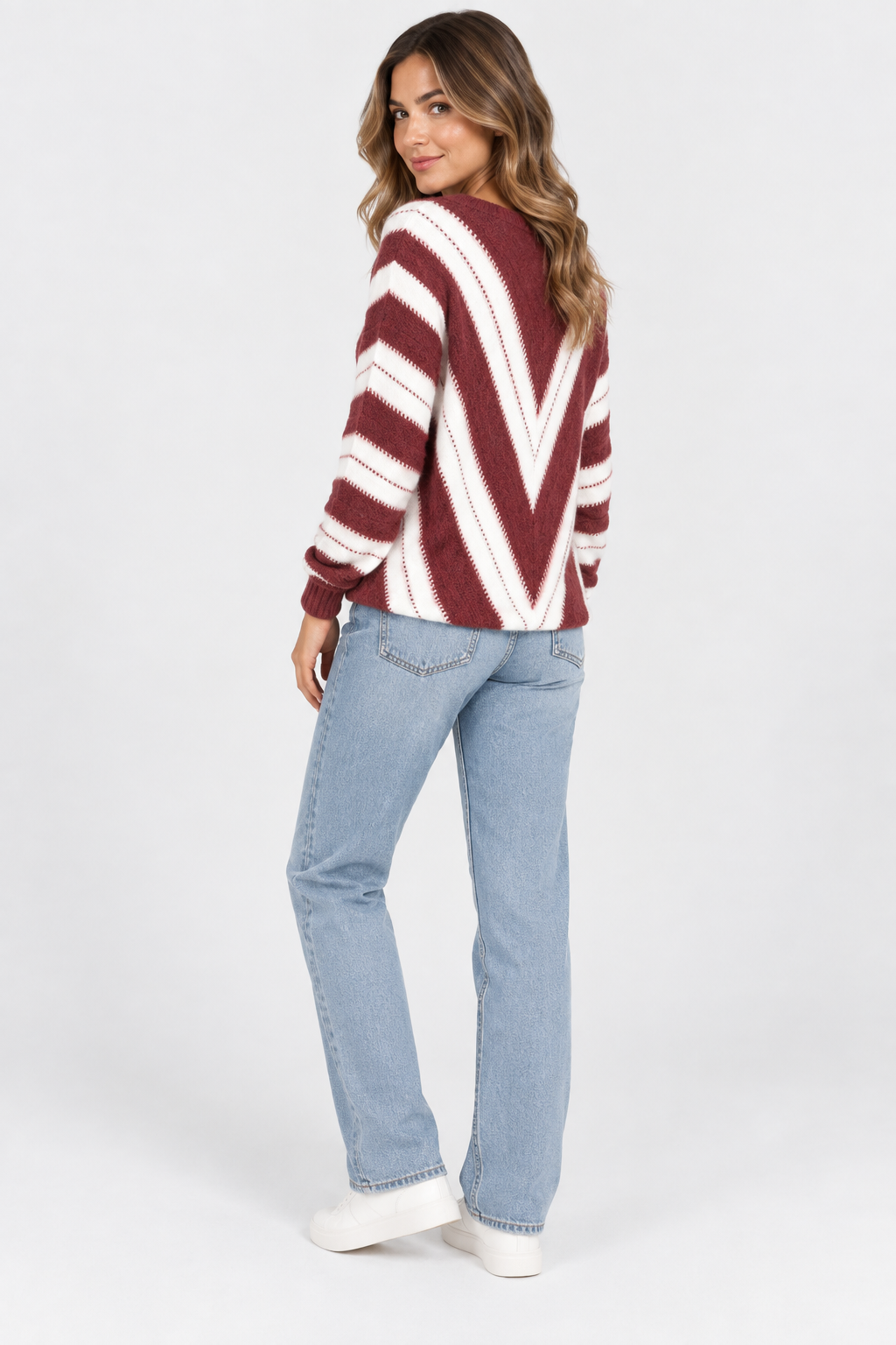 Burgundy Chevron Stripe V-Neck Jumper – view 2