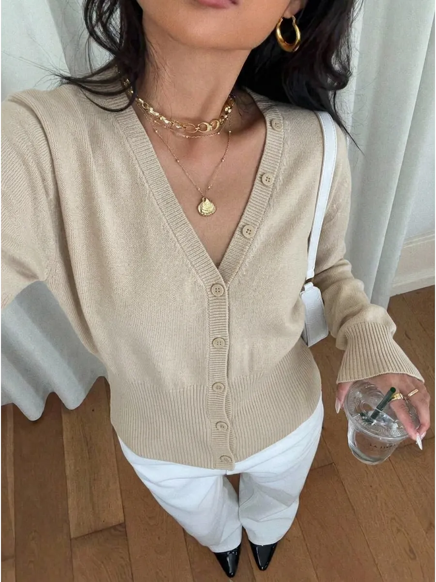 Beige Fitted V-Neck Button Cardigan – view 2