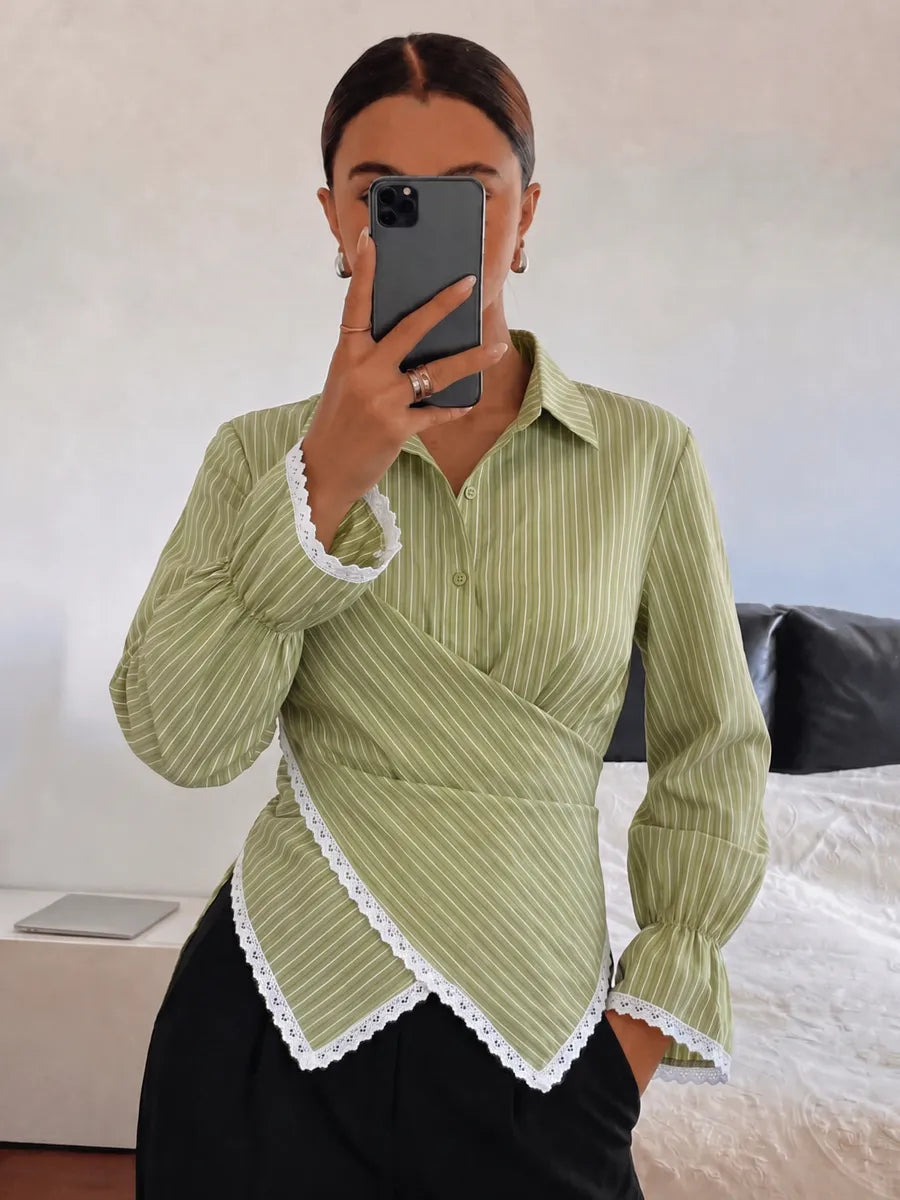 Green wrap blouse with ruffle sleeve trim