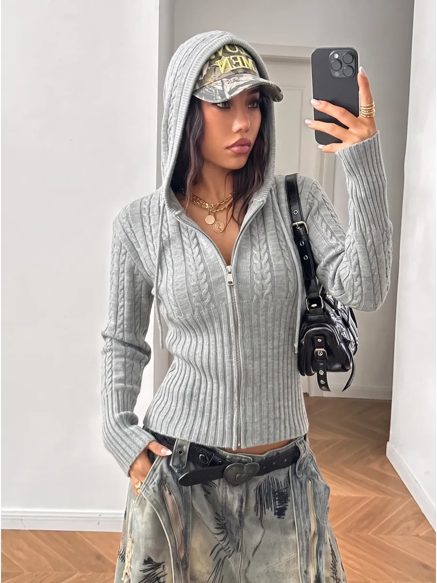 Grey Cropped Cable-Knit Zip Hoodie – view 3