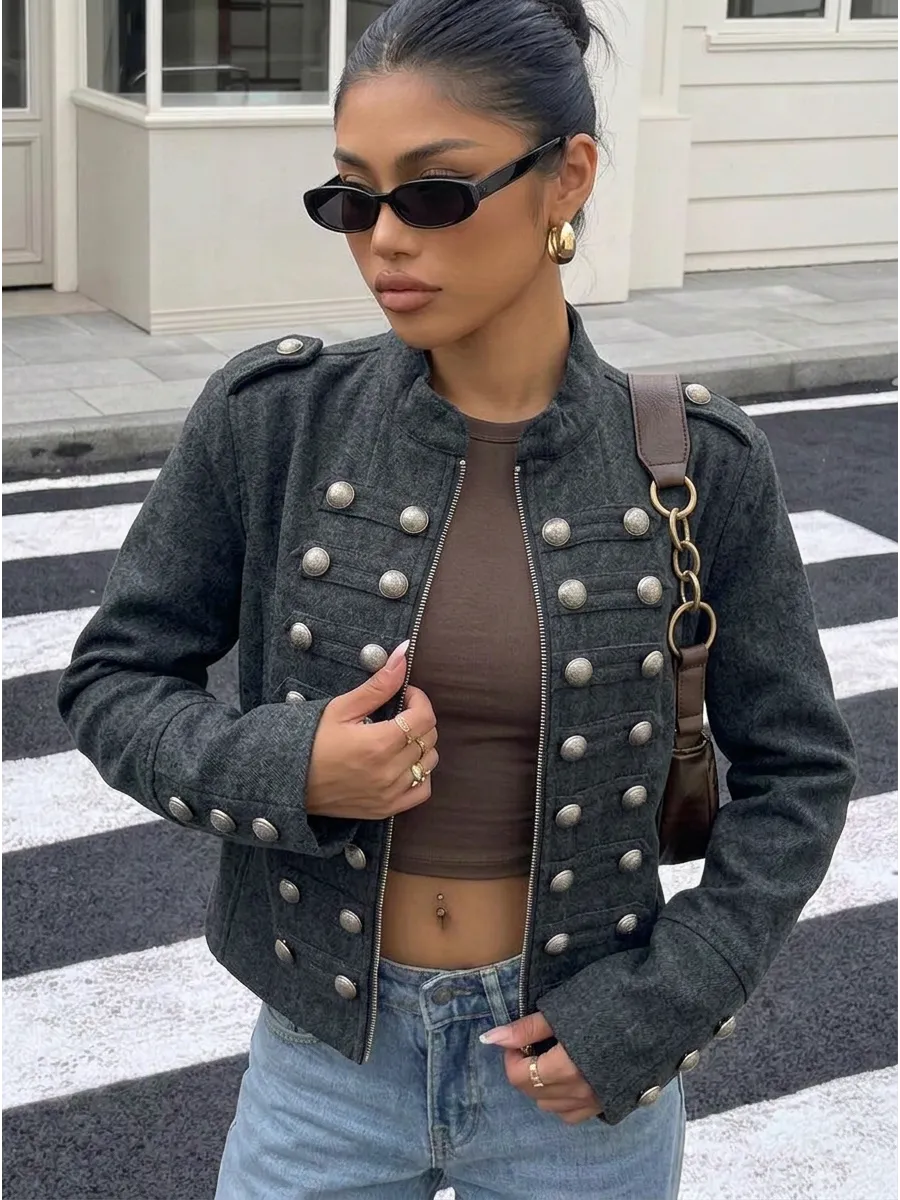 Grey Cropped Military Button Jacket
