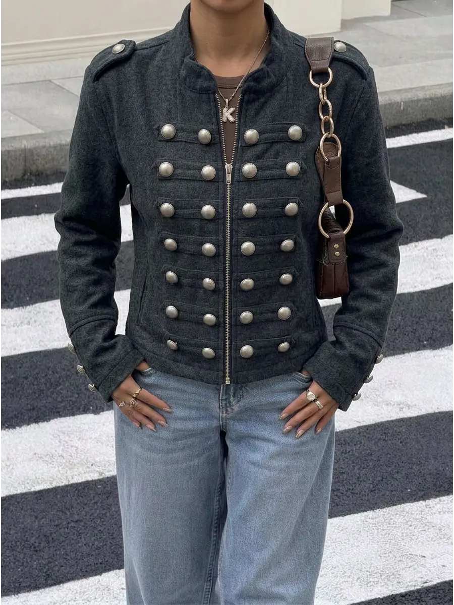 Grey Cropped Military Button Jacket – view 2