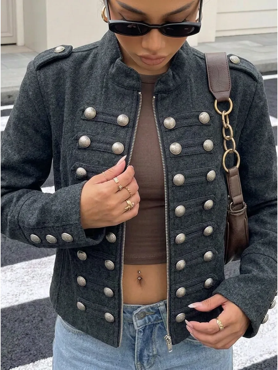 Grey Cropped Military Button Jacket – view 3