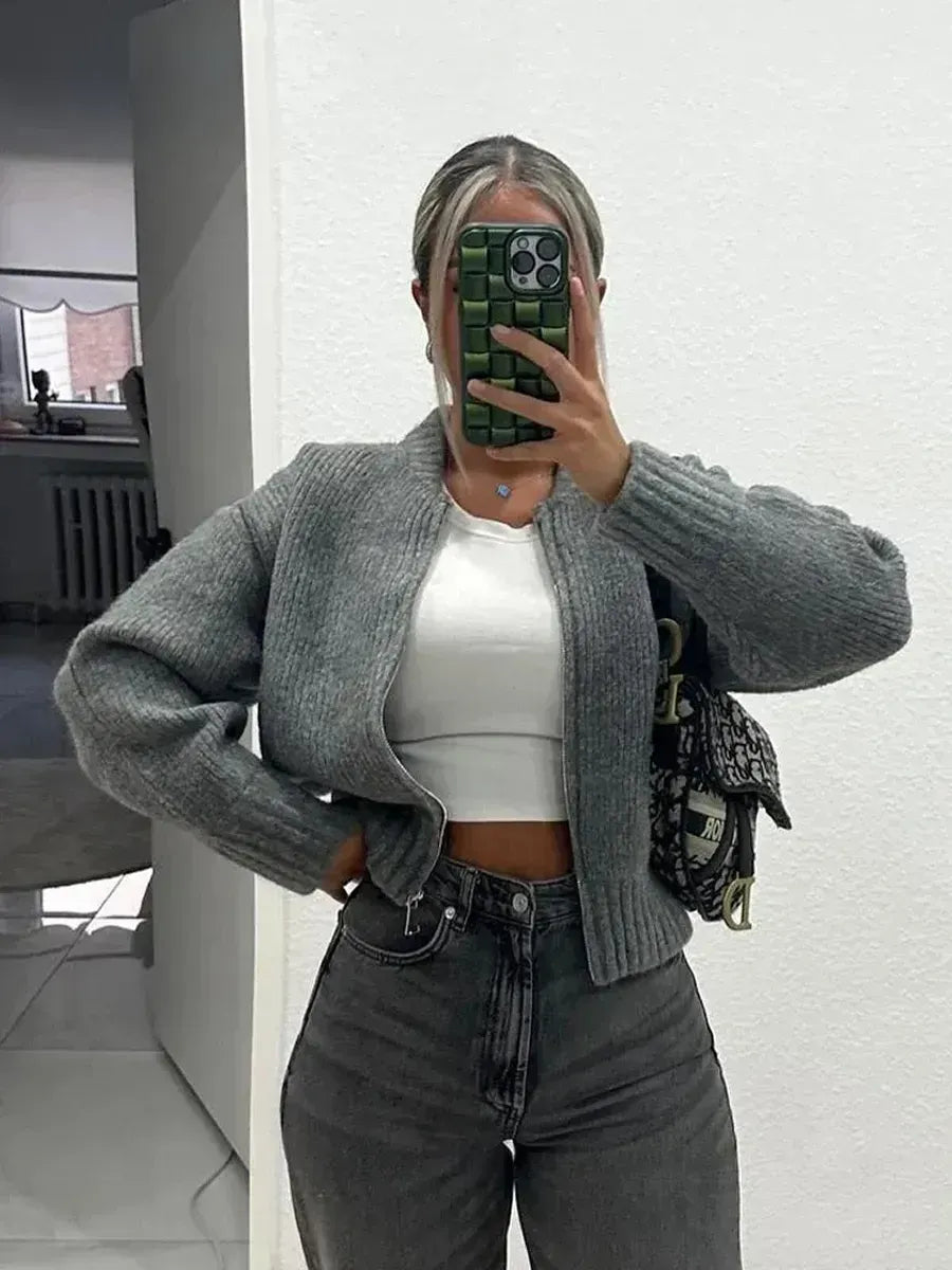 Grey Cropped Ribbed Zip Cardigan – view 2