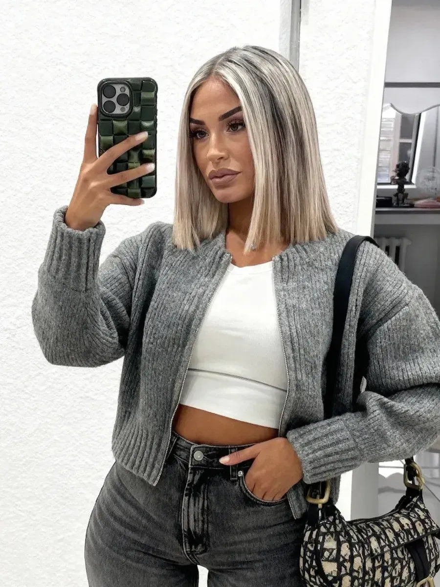 Grey Cropped Ribbed Zip Cardigan – view 3