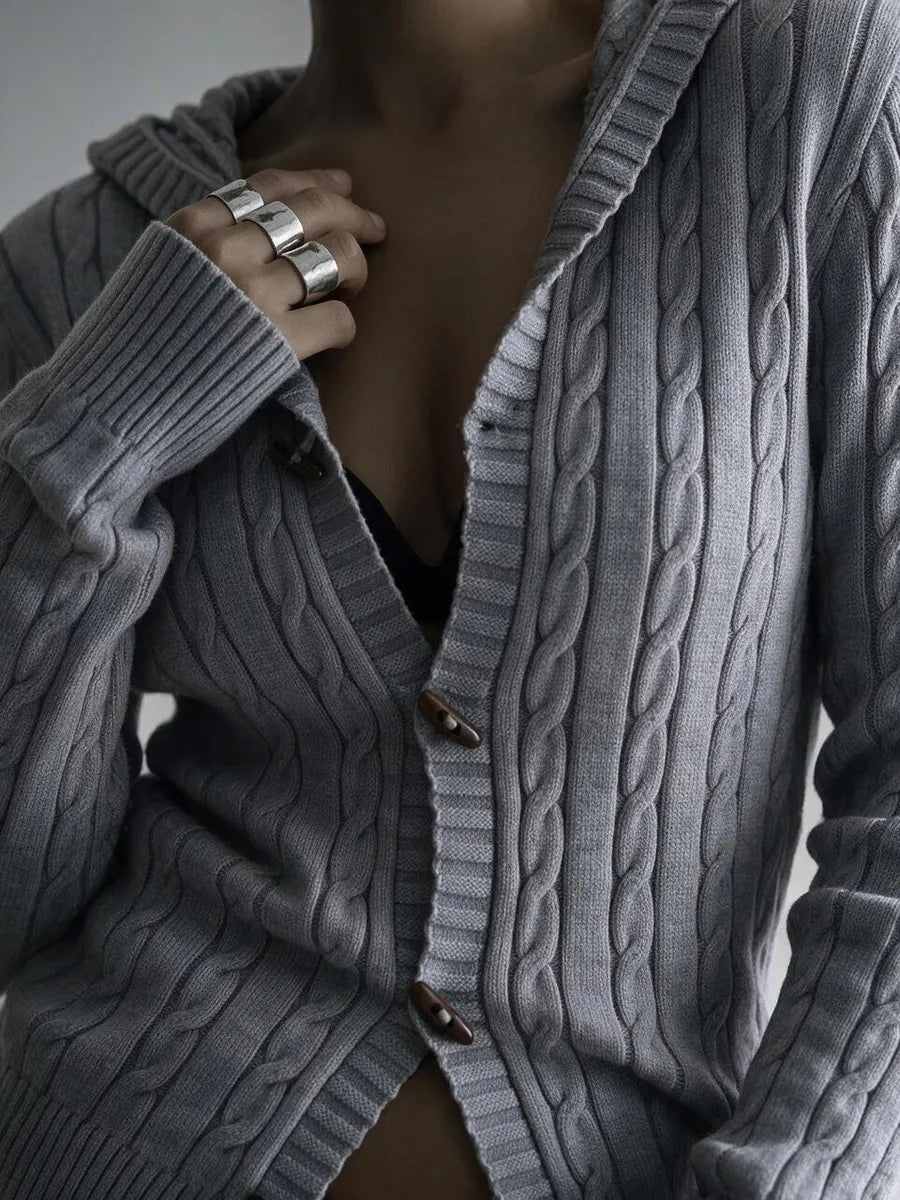 Grey Hooded Cable-Knit Cardigan – view 2