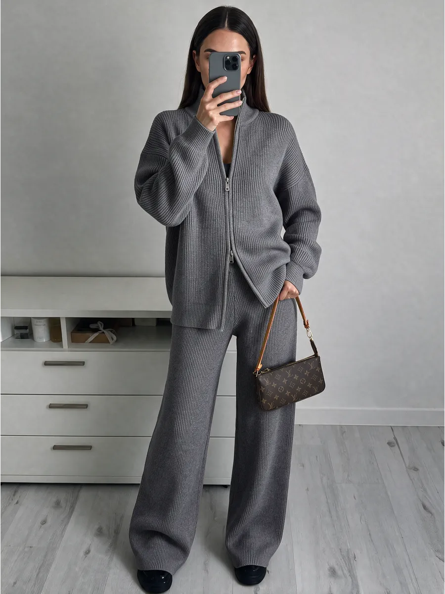 Grey Knitted Zip Lounge Set