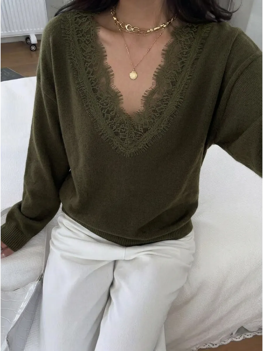 Olive Lace-Trim V-Neck Jumper – view 2