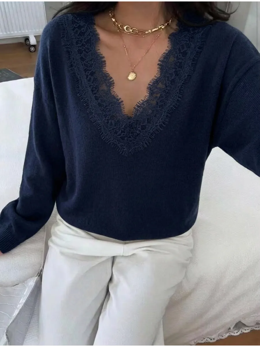Navy Lace-Trim V-Neck Jumper