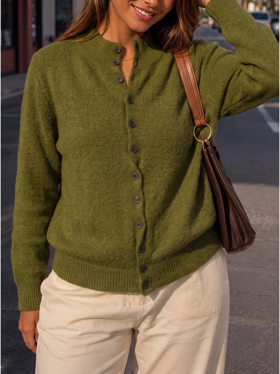 Olive Cropped Ribbed-Trim Cardigan