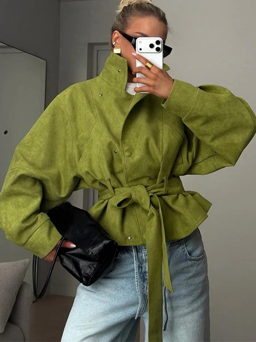 Olive Green Oversized Belted Jacket