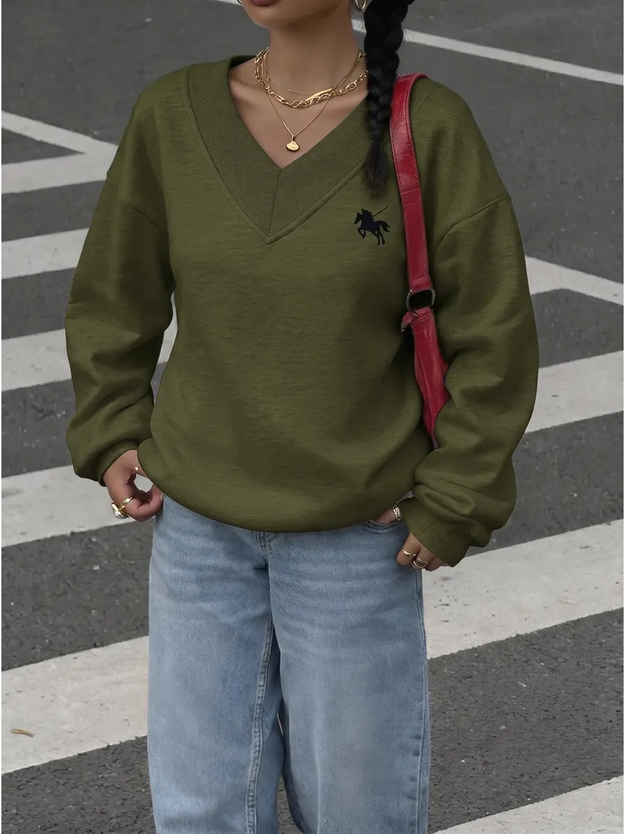 Olive Green Oversized V-Neck Sweatshirt – view 2
