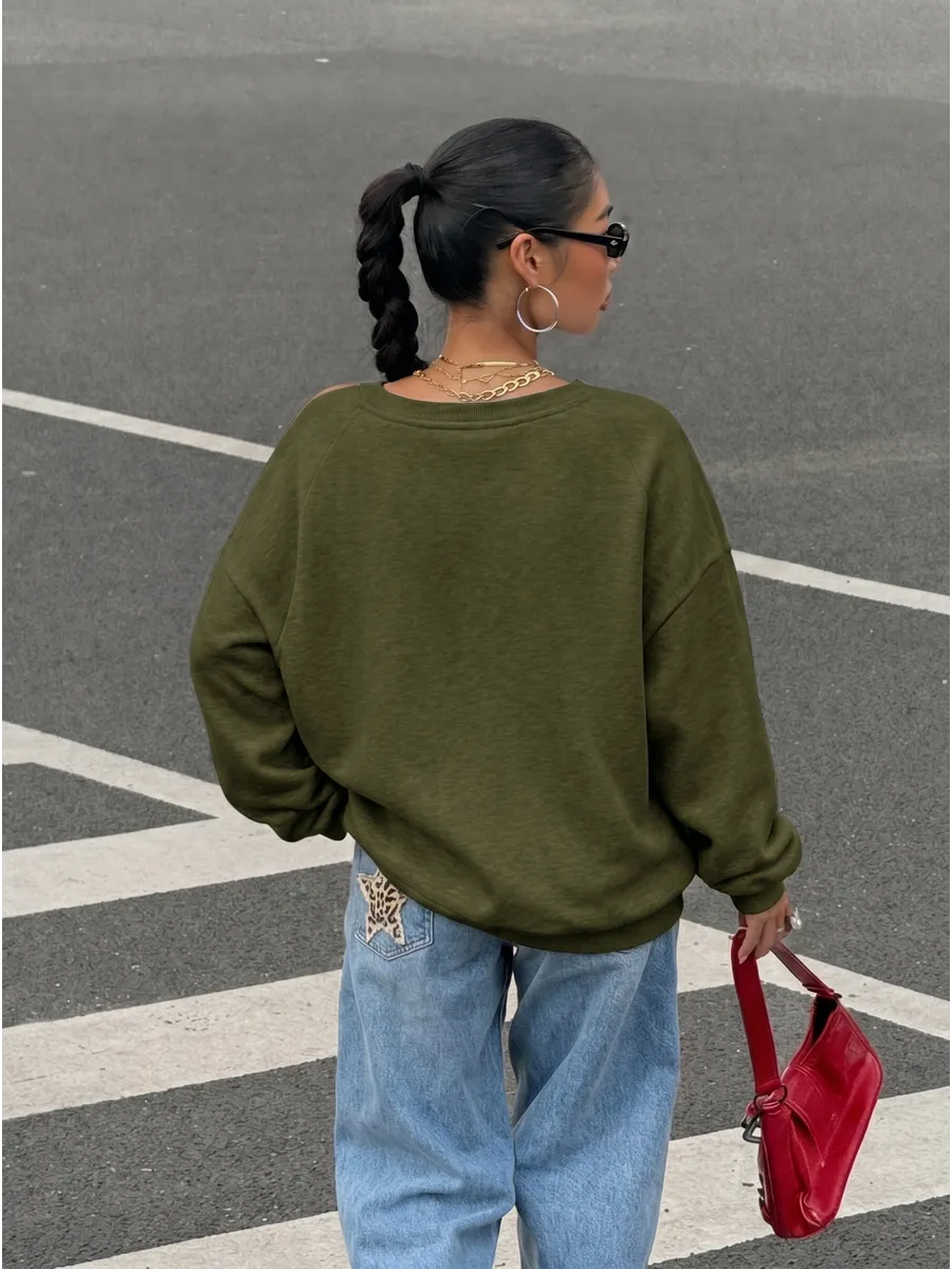 Olive Green Oversized V-Neck Sweatshirt – view 3
