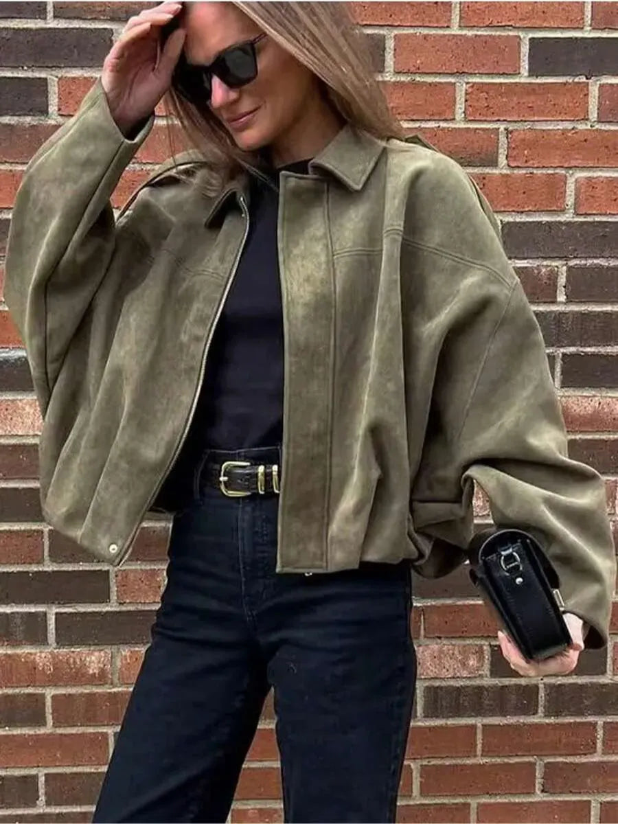 Olive Khaki Suede-Effect Oversized Bomber
