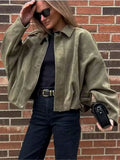 Olive Khaki Suede-Effect Oversized Bomber