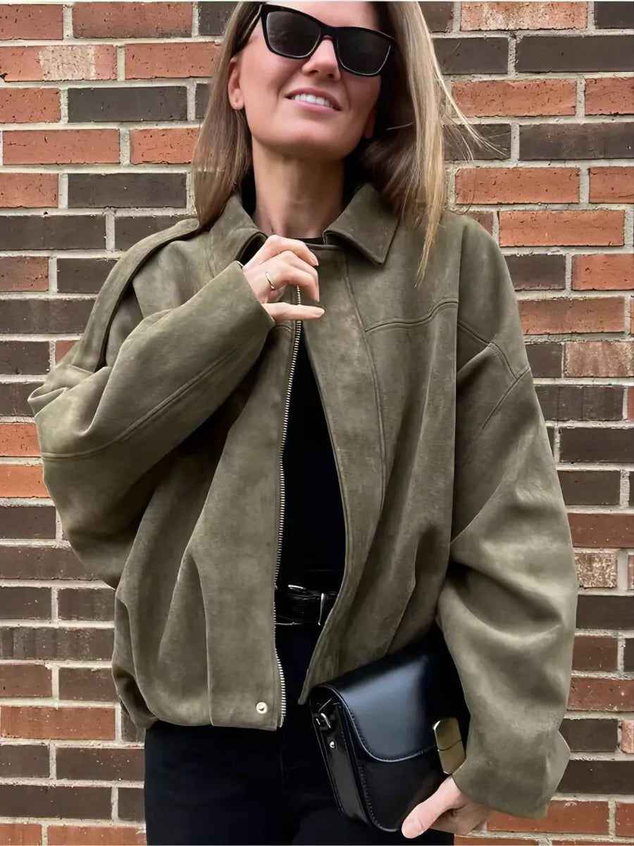 Olive Khaki Suede-Effect Oversized Bomber – view 2