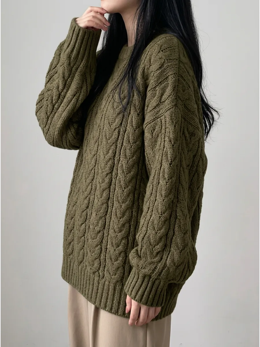 Olive Oversized Chunky Cable Jumper – view 2