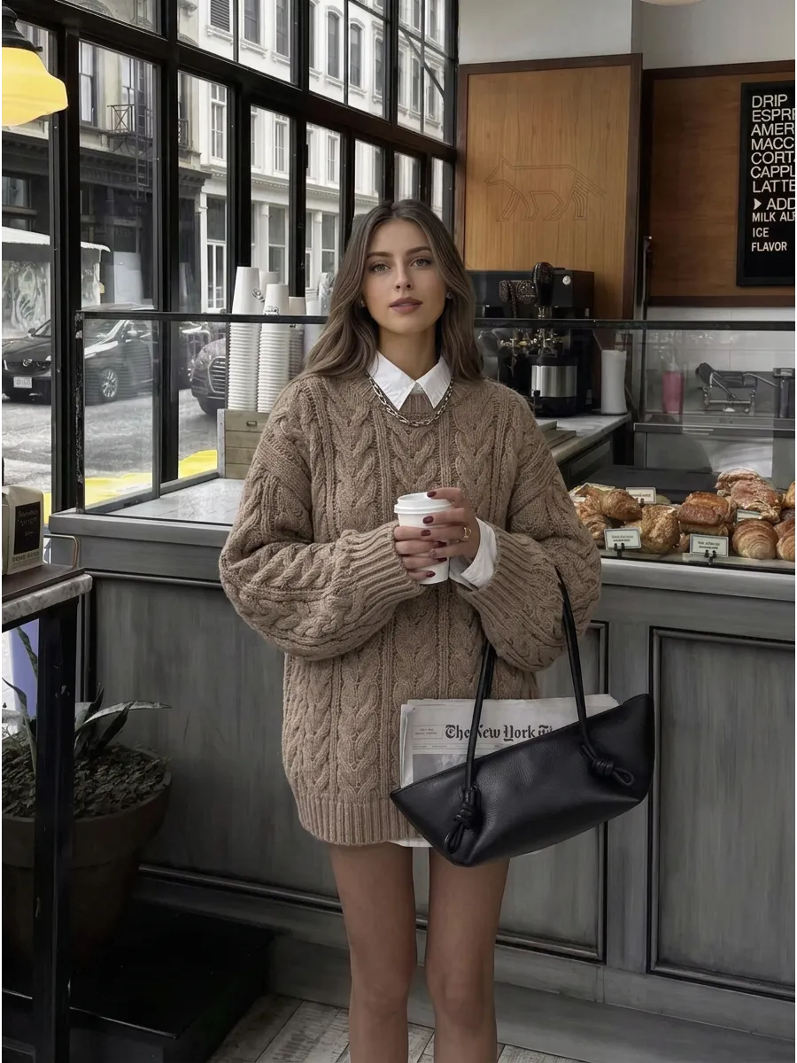 Dark Beige Oversized Chunky Cable Jumper
