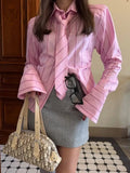 Pink cotton shirt with a tie-neck detail