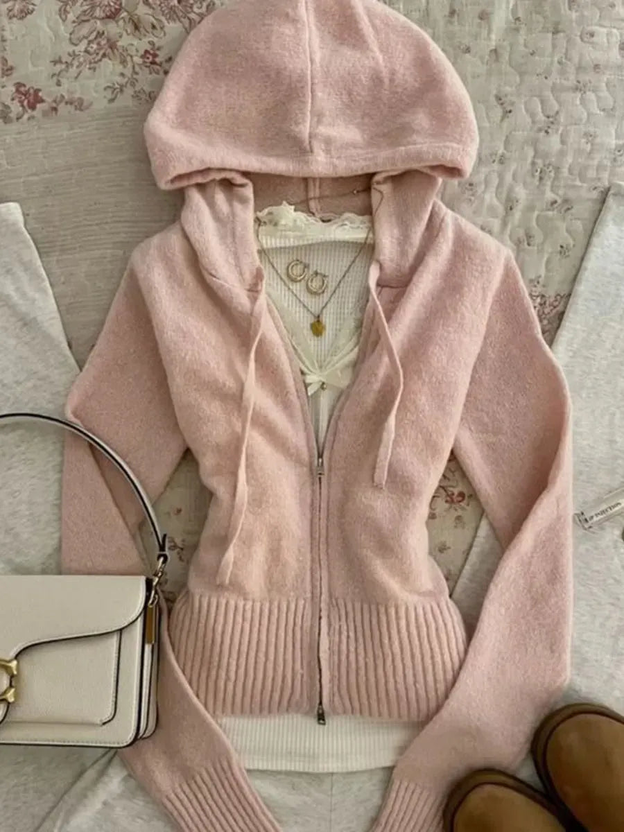 Powder Pink Ribbed Knit Zip Hoodie