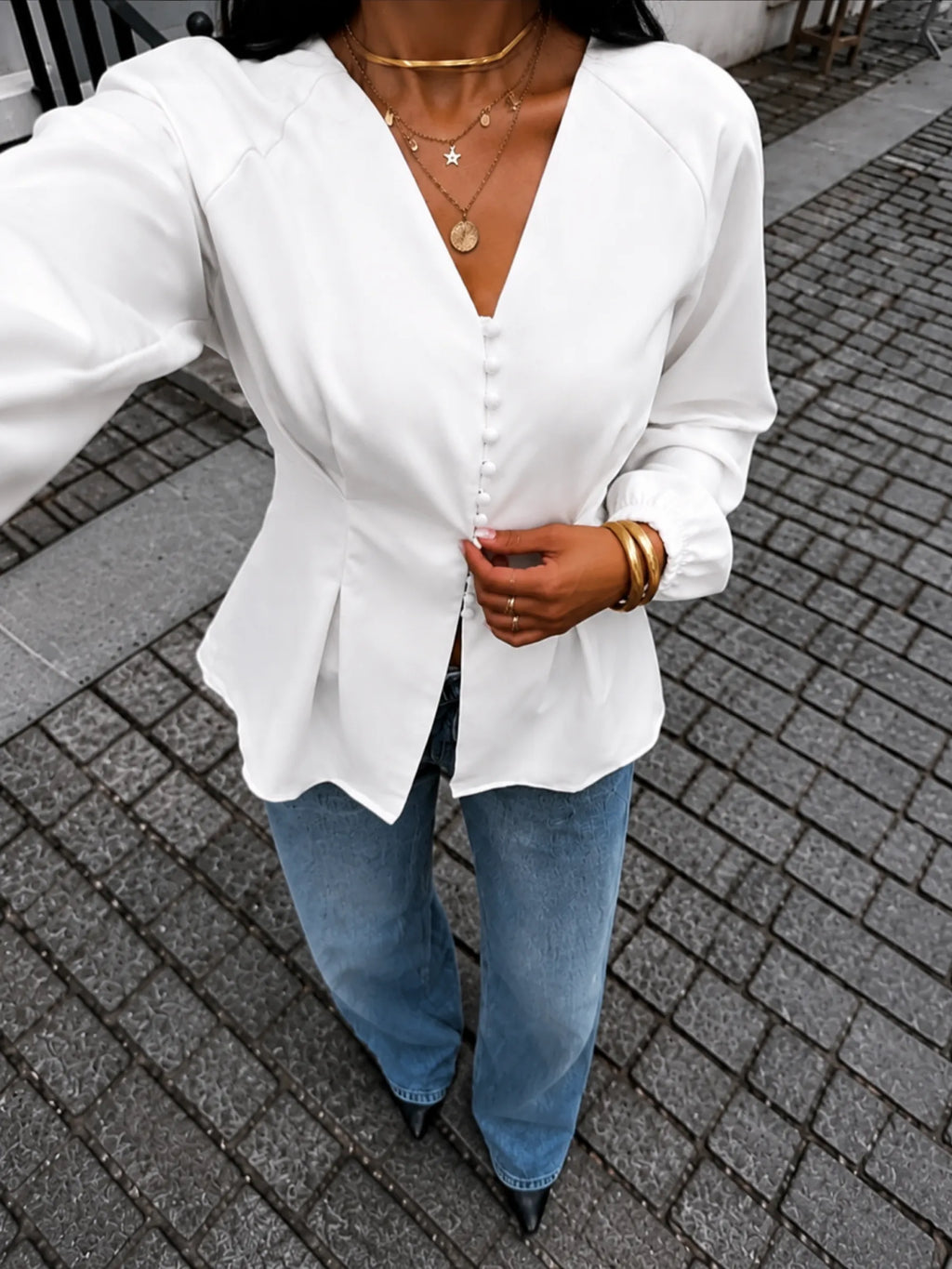 Fitted white cotton shirt styled for the office