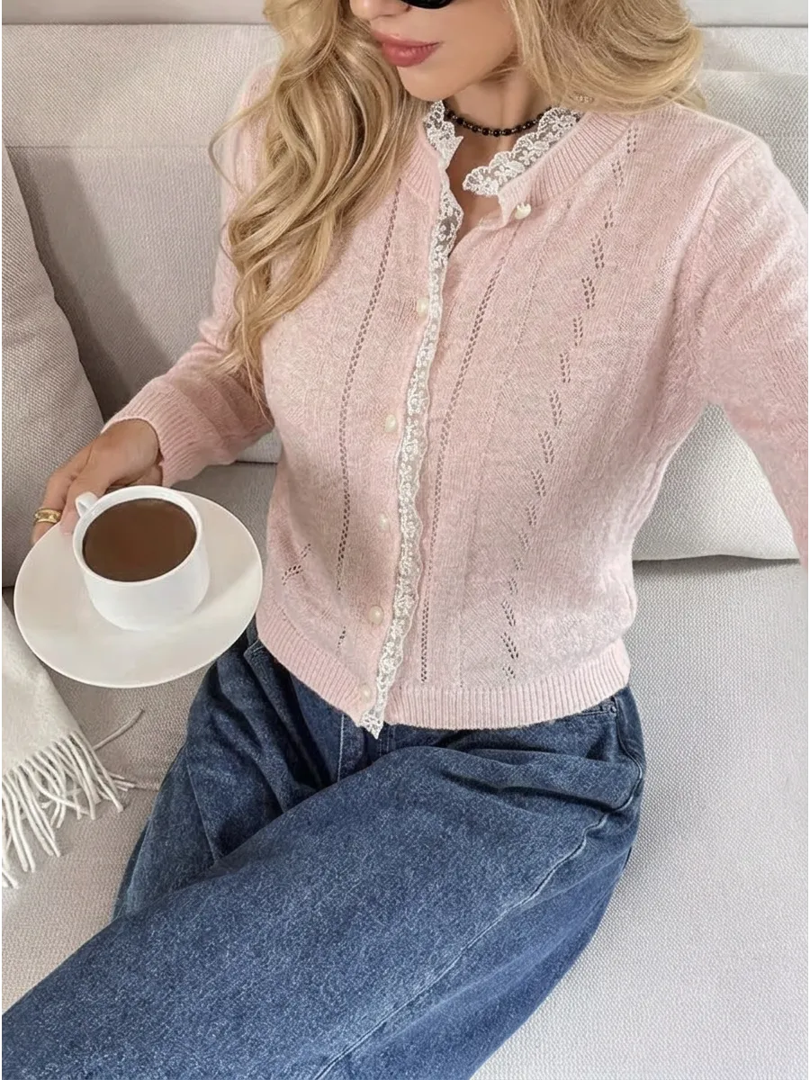 Pink Cropped Lace-Trim Cardigan