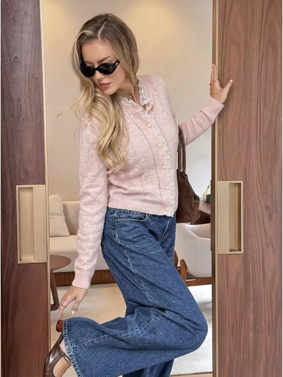 Pink Cropped Lace-Trim Cardigan – view 3