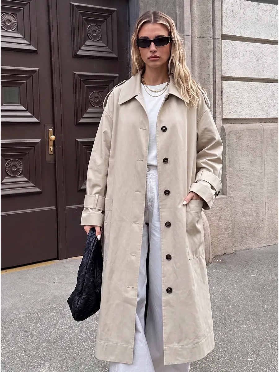 Light Beige Long Straight Trench Coat – view 2