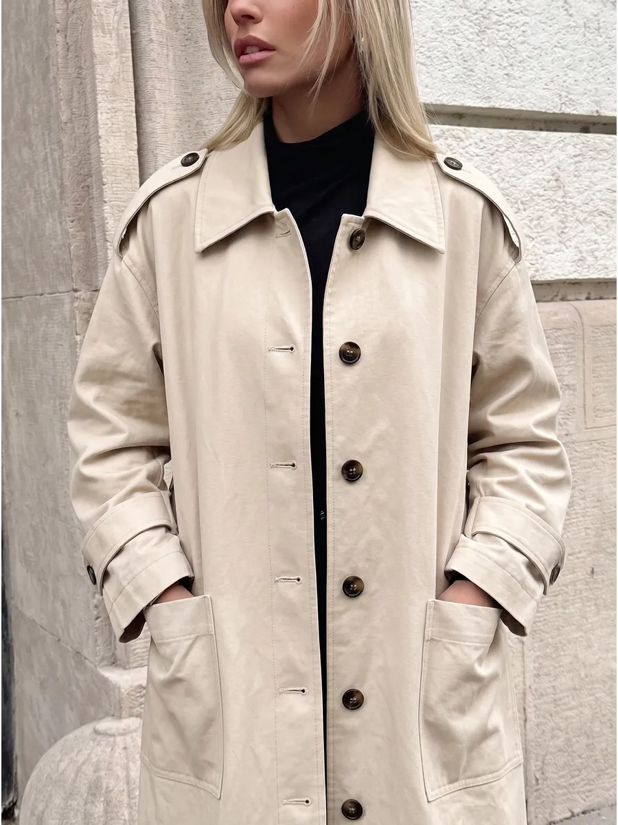Light Beige Long Straight Trench Coat – view 3