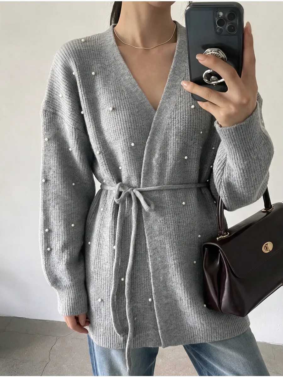 Grey Oversized Embellished Longline Cardigan – view 2