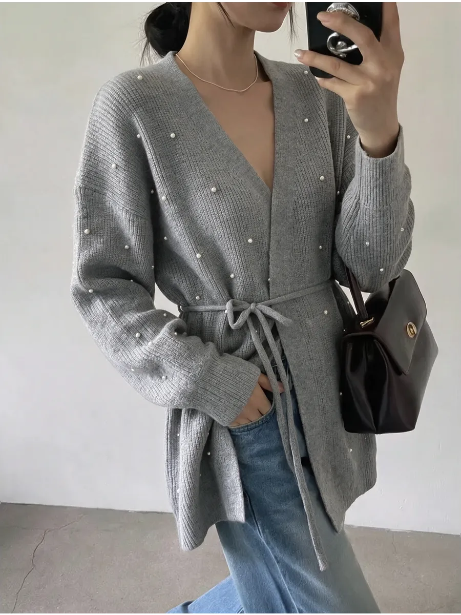 Grey Oversized Embellished Longline Cardigan – view 3