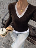 Brown Fitted Lace-Trim Knit Top