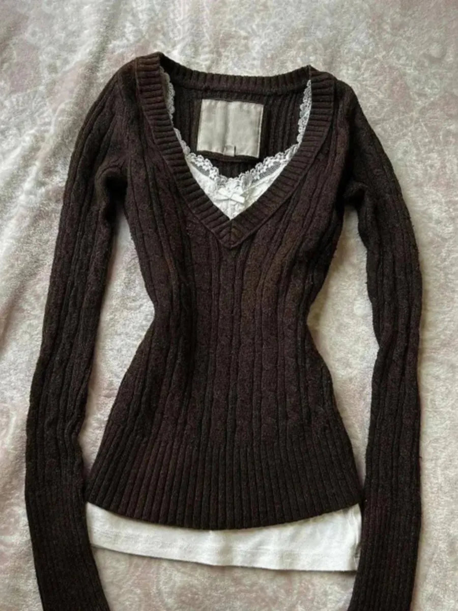 Brown Fitted Lace-Trim Knit Top – view 2