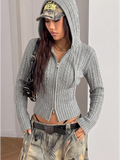 Grey Cropped Cable-Knit Zip Hoodie