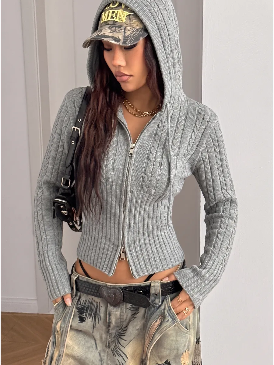 Grey Cropped Cable-Knit Zip Hoodie